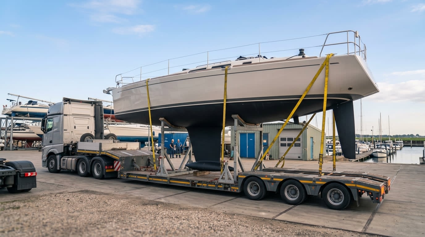 Segelbåt transporteras på trailer genom Sverige